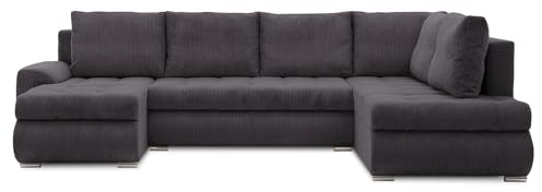 Mebligo - Ecksofa mit Schlaffunktion und Bettkasten Tokio II PRO, 300 cm Breit, Wohnzimmer Eckcouch Ottomane Rechts, Sofa Cord mit Bettfunktion - Sofa Grau (Poso 022)