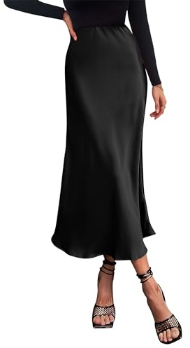 PRETTYGARDEN Women's Satin Skirts Dressy Casual 2025 Fall High Waisted Cocktail Wedding Flowy Elegant A Line Midi Skirt (Black,X-Large)
