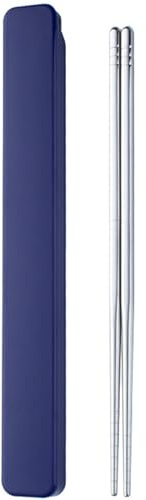 Portable Chopstick with Pull Design Case Reusable Stainless Steel Chopstick | 1 Pair Metal Travel Utensil for School Home Office Outdoor Camp Bento Box Use, Dishwasher Safe (Dark Blue)