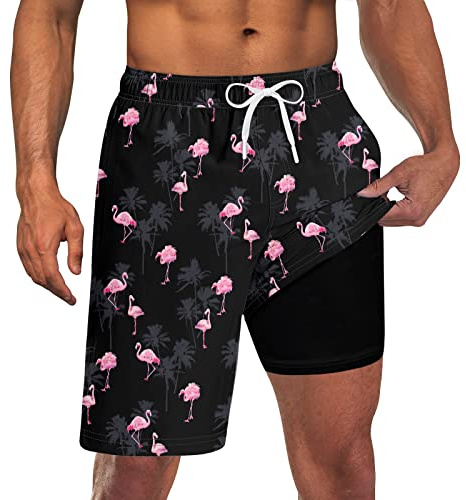 Mens Hawaiian Flamingo Swimming Trunks with Compression Liner 2 in 1 Quick-Dry Swimwear Swimsuit Board Shorts 9 Inch Inseam Beach Tropical Palm Tree Bathing Suits with Phone Pockets