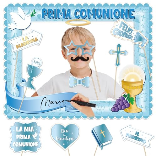 1pcs Photo Booth Cornice Selfie Comunione Carta+12pz Foto Props Prima Comunione Bambino, Decorazione Accessori Fotografia, Puntelli Foto Gadget Prima Comunione (Blu)