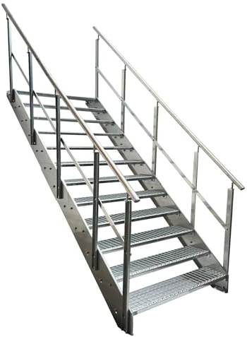 Kaminbau Mierzwa Premium Stahl Treppe mit beidseitigem Geländer komplett Verzinkt / 12 Stufen (Breite 1000 mm) (Höhe 228 cm) Wetterfest Gitterroststufe Gartentreppe