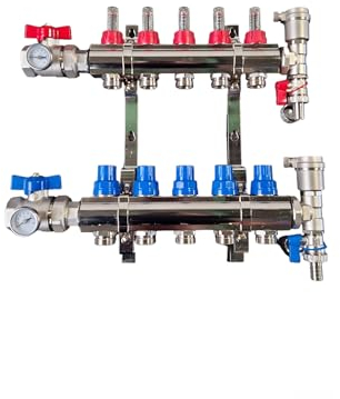 Premium Heizkreisverteiler 5 Heizkreise Kugelhahn Schnellentlüfter Messing Vernickelt Schallgedämmt Fußbodenheizung Thermometer