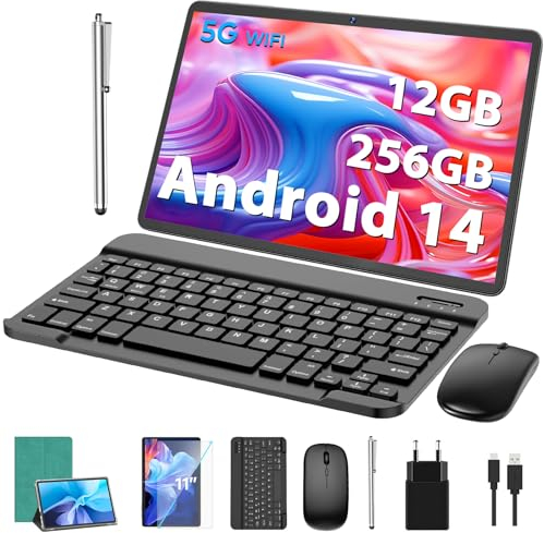 JJGJ Android Tablets,11 Zoll Tablet Android 14 mit Tastatur, 12GB+256GB, 1TB Expand, Octa-Core, 8000mAh, 2.4G/5G WiFi, 13MP+5MP Kamera, 2 in 1 mit Tastatur Tasche, Maus, Stylus(Grün Hütten)