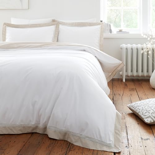 Bianca Oxford Lace 200 Thread Count Cotton Double Duvet Cover Set with Pillowcases White Natural