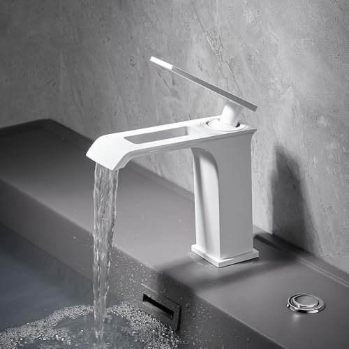 MocArt 70144 Kreativer Wasserfall-Wasserhahn, Badezimmer-Waschtischarmatur, Keramik-Ventilkern, Hotel-Mischwasserhahn, Messingmaterial, Minimalistisches Design (Weiß)