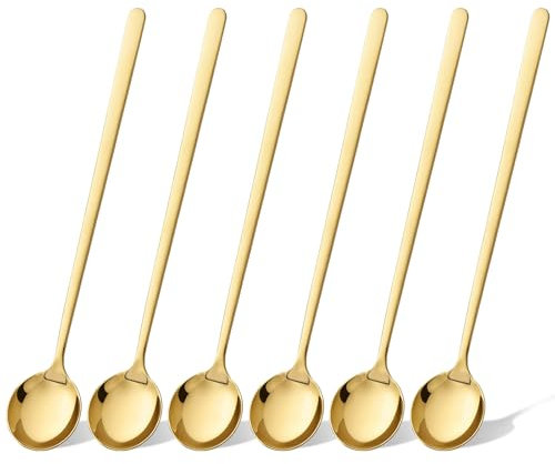 6 Stück Goldene Runder Kopflöffel, Edelstahl Espresso- und Barlöffel, Lange Teelöffel Spülmaschinengeeignet für Kaffee Cocktail Eistee Rühren