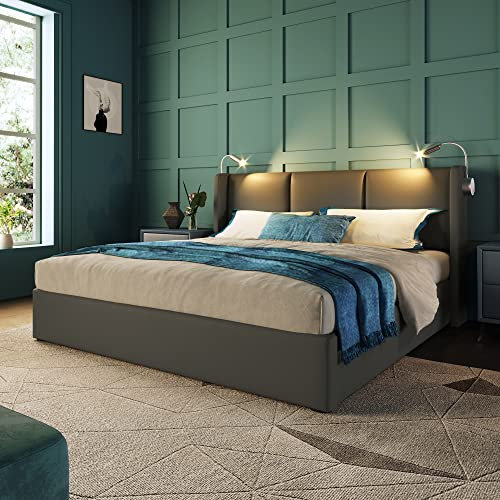Hcxswillo Polsterbett Doppelbett mit USB Ladefunktion und Leselicht Kopfteil,Stauraumbetten Bettgestell PU Jugendbett, extra großer Stauraum, Stark und Stabil 140x200 mit Lattenrost(Ohne Matratze)