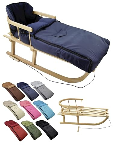 BambiniWelt Holzschlitten mit Rückenlehne & Zugseil + Winterfußsack 108 cm – warmes Thermofleece, wasserabweisend – Kombi-Set für Kinderwagen & Buggy, Farbe: marine