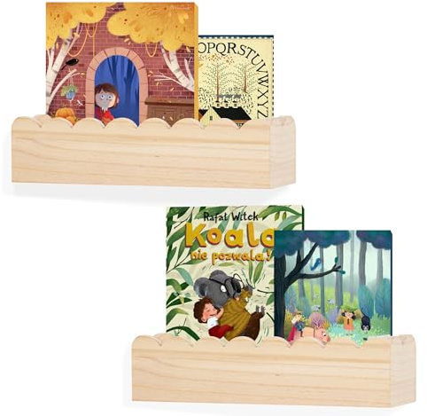 NIUBEST Scalloped Regale, Kinderzimmer Bücherregal, Kinder Floating Bücherregale aus Holz, Aufbewahrung Dekor Organizer für Wohnzimmer und Schlafzimmer, vormontiert, 2er-Pack, Kiefer (Naturholz)