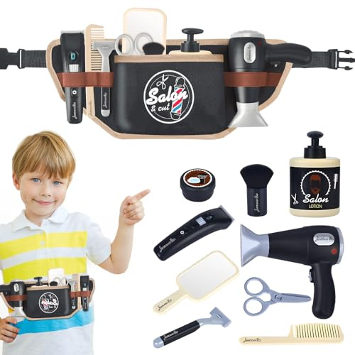 Vmxlso 10 Pcs Kids Barber Set, Kids Hairdressing Sets, Hairdresser Role Play for Kid, 1kids Barber Shop Toy Set with Shaver, Dryer, Pretend Hairdressing sets, Salon barber Set for kid Boys Girls