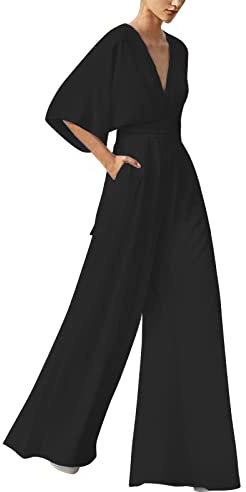Overall Damen Elegant, Jumpsuit Sommer Hosenanzug, Lang Einteiler Outfit Frauen Komplett, Romper Playsuit Kostüm, Einfarbiges Hosenanzug Damen Festlich Hochzeit Mit Ärmeln Casual Sommerjumpsuits Damen