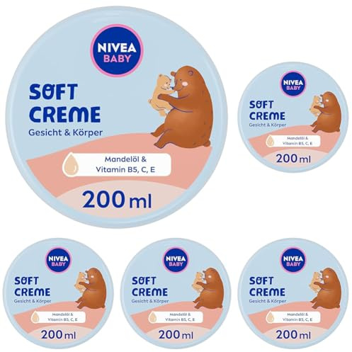 NIVEA BABY Soft Pflegecreme, vegane und hypoallergene Hautcreme schützt und stärkt, feuchtigkeitsspendende Creme für Babys mit Mandelöl und Vitaminen, ohne Mikroplastik und Parabene (200 ml)