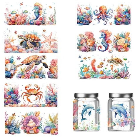 Ocean Rub On Transfer Sticker - 10 Sheets Sea Animal Theme UV DTF Cup Wrap Including Turtle Seastar Seahorse Shell Crab Waterproof Personalized Stickers for 16 oz Glass Cups Wood Crafts