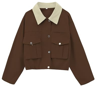 Megfie Giacca da donna corta con colletto a contrasto, giacca cargo multifunzione, giacca da fienile, outwear con tasche, Caffè, Medium