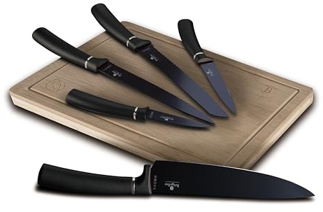 Berlinger Haus Black Lot de 5 couteaux de cuisine professionnels + planche à découper en bambou Lame en acier inoxydable Revêtement antiadhésif Couteau de chef Couteau à pain Couteau à découper