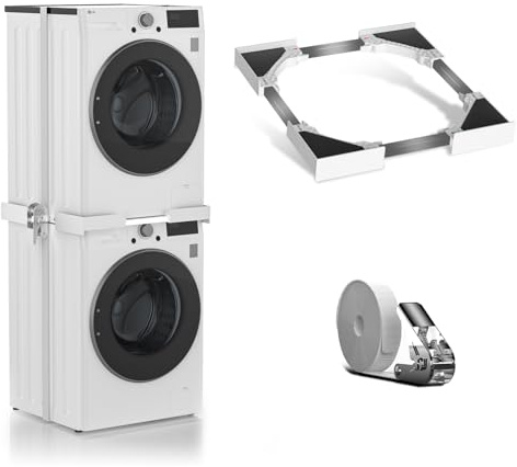 Kit Superposition Lave Linge Seche Linge Universel,Support Machine a Laver Seche Linge avec Sangle a Cliquet,Cadre Intermédiaire pour Laver pour 48-69cm