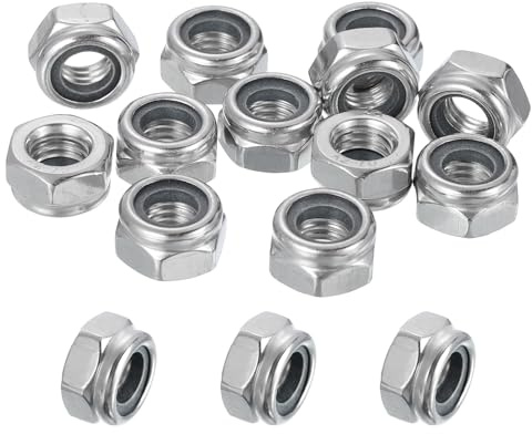 sourcing map 15 Stück M8 x 1,25 mm Nylon-Einsatz-Kontermuttern, 304 Edelstahl, selbstsichernde Grobgewinde, Sechskantmuttern für Möbel, Elektronik, Maschinen, Heimwerker