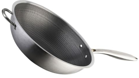 Ipetboom Wok de Acero Inoxidable con Doble Asa y de Panal Antiadherente para Cocina de Gas y Inducción Sartén Resistente y Uniforme para Freír Verduras Huevos y Carnes
