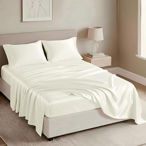 COZYXWORLD 4 Piece Satin Silky Sheet Set Queen Size, Stain Resistant Fade Proof Smooth Cooling Bedding for Hair, Ivory Color