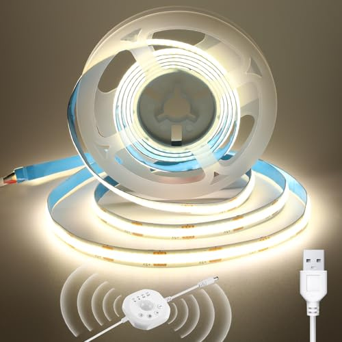 USB Bewegungsmelder COB LED Streifen 2m, 4000K 5V LED Band Naturweiß, 4 Timer-Modi, Tag-/Nacht-Beleuchtung, bewegungsaktiviertes automatisches Ein-/Ausschalten, für Treppen, Schränke und Schränke