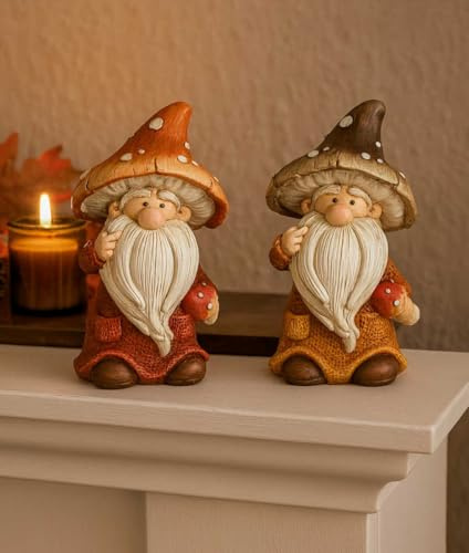 Schneemann-Versand Herbstdeko Figuren Wichtel mit Pilzhut 2er Set – 15cm Polyresin Dekofiguren stabil & langlebig – Herbstliche Tischdeko, Fensterbank & Geschenkidee