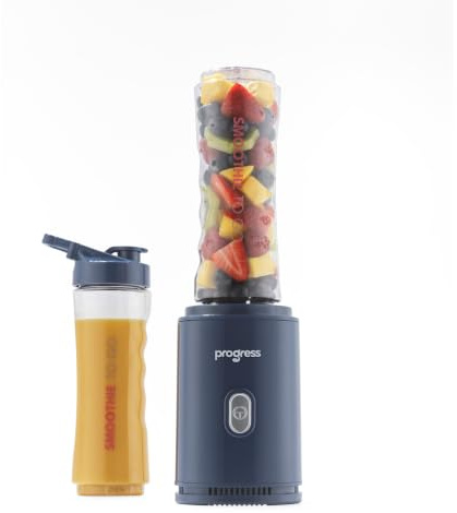 Progress Smoothie To Go Blender, 500W, 2 X 600Ml Bottles | BPA-Free Bottles With Easy-Drink Lids, Stainless-Steel Blade, One-Touch Operation, Non-Slip Base, Compact Slim Design