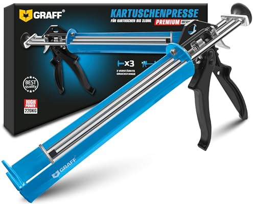Patronpress, 310 ml, silikonspruta av metall med förstärkt trippeltryckstång för särskilt högt trycktryck, patronpistol med aluminiumhandtag för silikon, akryl, lim graff