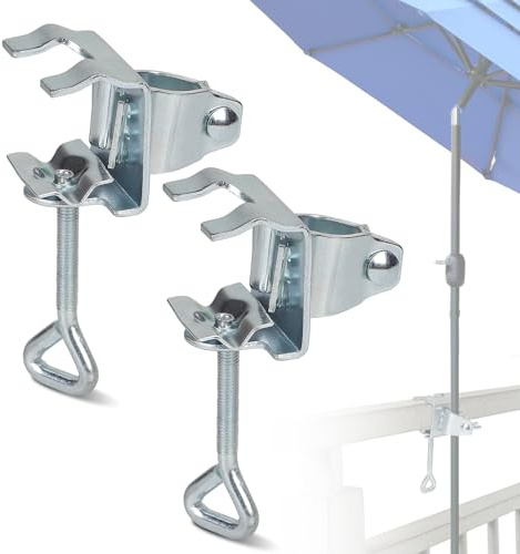 EXLECO 2 Stück Sonnenschirmständer Balkongeländer, Tragbare Tischklammern für Gartenschirm Ø 19-32mm, Einstellbar Sonnenschirmhalter aus Verzinktem für Geländer Balkon Tische im Freien | Tragbare Tischklammern, Einstellbar Sonnenschirmhalter aus Verzinktem für Geländer Balkon Tische im Freien