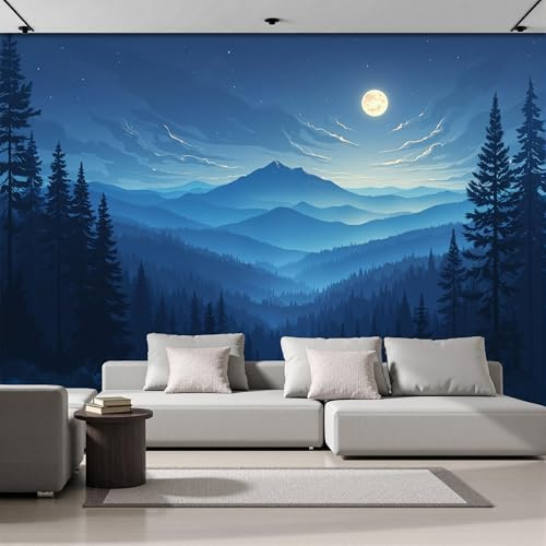 Fotomurali Adesivi Per Mobili - Stickers Murales Per Soggiorno 400L×280Acm - Decorazione Da Muro - Carte Da Parati Paesaggio Notturno Della Foresta - Foresta Luna Piena Silhouette Montagne - Blu Scuro