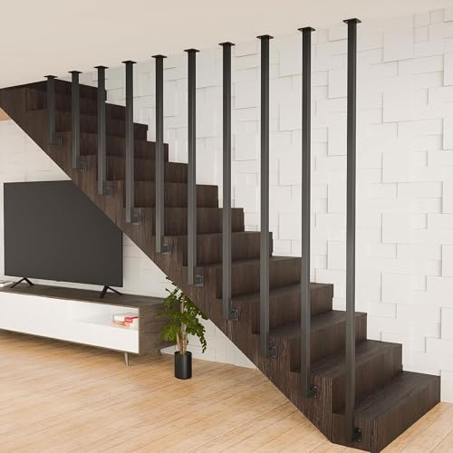 Modern L-Shaped Handrails for Indoor Stairs, Sturdy Floor to Ceiling Mounted Safety Railing, Matte Black Wrought Iron Balusters with Square Tube Post, Ideal for Lofts, Villas, Apartments