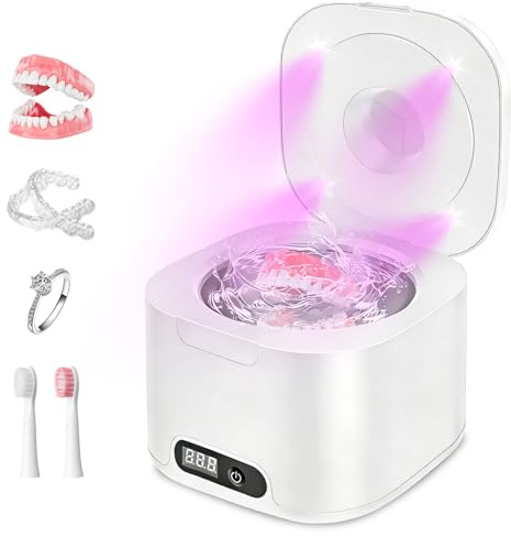 Dispositivo de limpieza ultrasónica de 48000 Hz con UV, limpiador ultrasónico para dentaduras dentales, pod dental para férula dental, 4 modos de temporizador, recipiente de acero inoxidable, para