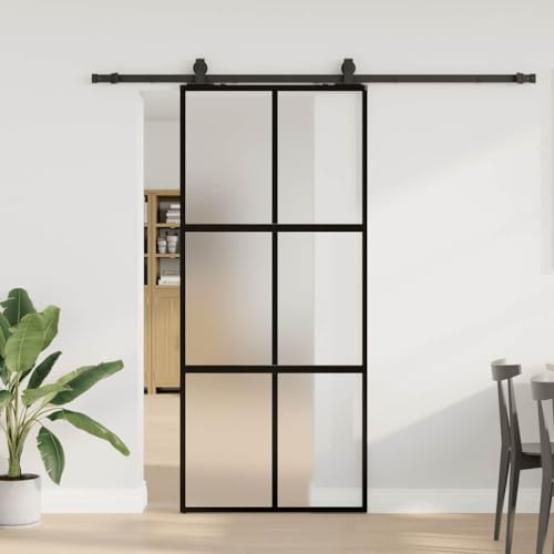 Ordellia Porte coulissante en verre trempé noir 90x205 cm avec kit de quincaillerie en acier pour intérieur et extérieur, espace moderne, sécurité, isolation phonique et thermique