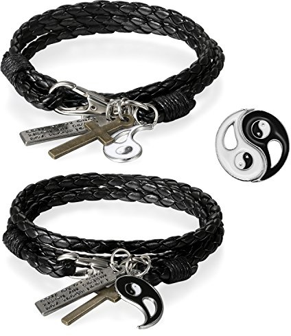 JewelryWe Schmuck Pärchen Armbänder Retro Tai Chi Yin Yang Stern geflochten Lederarmband Paare Armreifen Verstellbar Leder Freundschaftsarmband Partnerarmband für Herren Damen, Schwarz Braun Silber