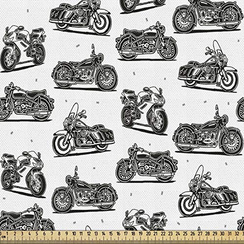ABAKUHAUS Motorrad Stoff als Meterware, Retro-Stil Zeichnungen, Qualitäts Stoff Dekorativer Polster Heimtextilienstoff, 2M (148x200cm),Weiß Schwarz Grau