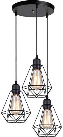 iDEGU 3-flammig Industrielle Pendelleuchten, Vintage Hängelampe Schwarze Pendellampe aus Metall E27 Retro Hängeleuchte im Geometrisch Käfig Stil mit Runde Deckenbasis - Ø 20,5cm