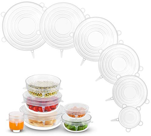 Silicone Stretch Lids, Zero Waste Reusable Silicon Container Lid Covers for Leftover Food Fruit Bowls Pots Cups Jars Dishes (6PCS, White)