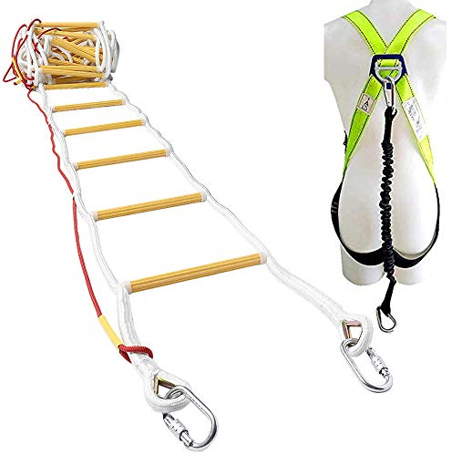 ISOP Notfallleiter 3-Stöckige Häuser - 10 m Schwer Einzigartige Rettungsleiter mit Haken und Sicherheitsschnur und Ganzkörpergurt - Rettungsleiter 10 m Kompakt und Wiederverwendbar - Zertifiziert