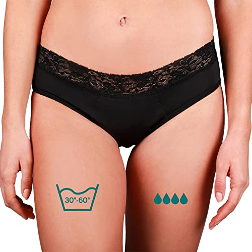 Taynie Queen Periodenunterwäsche - auslaufsichere Periodenwäsche - Menstruationsunterwäsche - ersetzt 2-3 Tampons, Periodenslip Tragedauer bis 12 Std., waschbar bis 60°C (42, Schwarz)