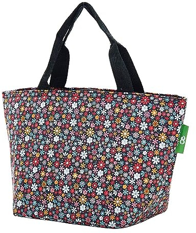 ECO CHIC leichte faltbare Lunchtasche | Wasserabweisende, isolierte Kühltasche für Arbeit/Picknicks/Wandern/Camping-Grillabende (Kleine Blumen Schwarz)