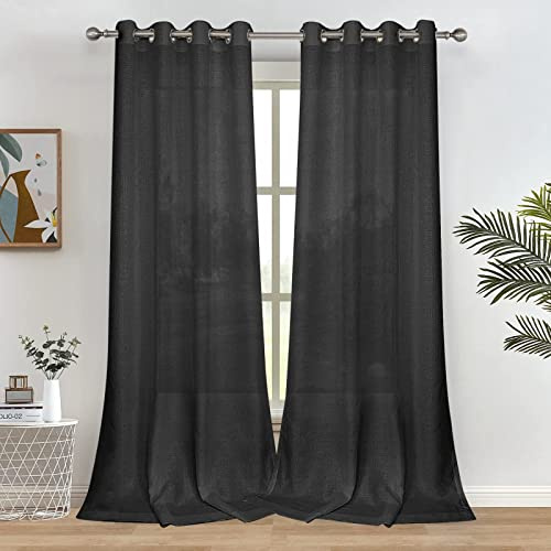 Melodieux Gardinen Schwarz Transparent Leinen Optik Vorhänge mit Ösen für Wohnzimmer Schlafzimmer, 2er Set 175x140cm