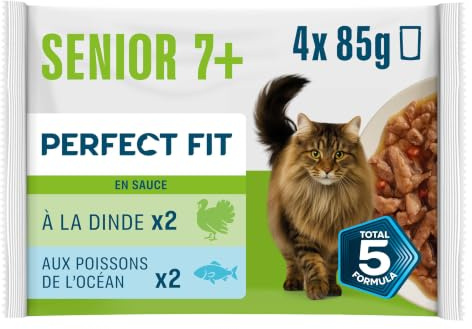 PERFECT FIT Senior kattmåltider 7+ steriliserad - 52 färskhetspåsar (set med 13 förpackningar med 4 x 85 g) - kattpasta i kalkon/vitfisksås - balanserad mat för ett hälsosamt hjärta