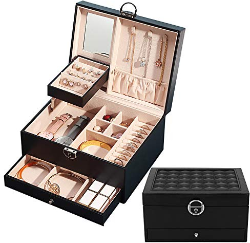 Podazz Portagioie Donna, Scatola di immagazzinaggio di gioielli in Pelle PU con 2 Strati con chiusura a chiave, per orecchini, anelli, collane, orologi, con cassetto e chiave - Nero