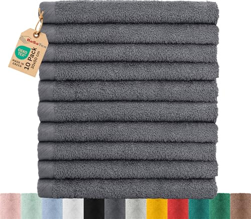 BaSaTex Handtuch Set für Gäste 10er Pack Handtücher Waschtücher Baumwolle | Frottee-Handtücher mit Aufhängeschlaufe, Waschtücher für Gäste Öko-Tex Standard, Anthrazit, Frottee, Öko-Tex
