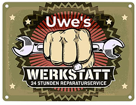 speecheese 24 Stunden Reparaturservice - EIN personalisiertes Werkstatt Schild aus Metall mit Schraubenschlüssel Motiv für alle Handwerker zum Vatertag