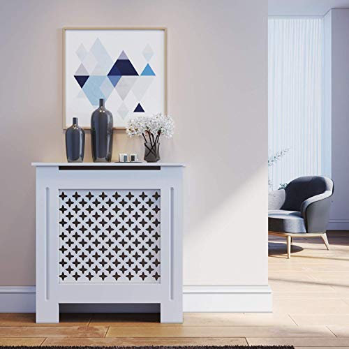 SONNI Copertura per Radiatore, 78x19x81.5 cm Classico e Moderno per Copritermosifone, Copertura Termosifone Grande a Doghe Romboidali Laccati Bianchi