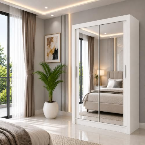 IE INTERIOR EMPORIUM Milan Full Mirror Double Sliding Door Wardrobe (or three in the 250cm size) With Shelves, Hanging Rails and LED Light in 6 Sizes & 4 Colors (100cm, White)