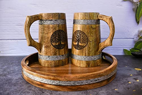 Indischer Bierkrug für Ihn, Wikinger-Stil, 20 OZ, Holz-Bierkrug - Trink-Bierkrug aus natürlichem Hartholz – Hochzeits- und Geburtstagsgeschenke für Ihn (2 Stück Mangoholz-Bierkrug mit
