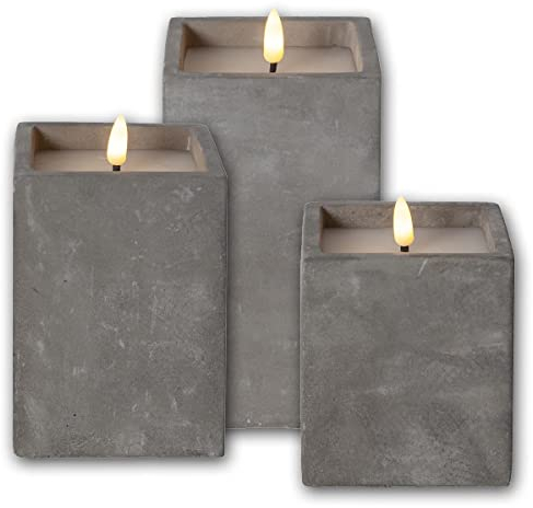 3er Set LED Stumpenkerzen Beton Quader mit Timer, verschiedene Höhen, quadratisch, batteriebetrieben, Beton-Optik, Flackereffekt