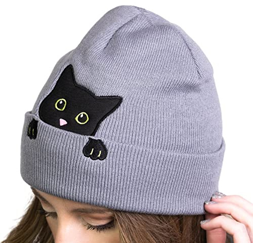 Katzenmütze Wintermützen für Frauen,Niedliche Katzenohrenmütze Damen Beanie,Katzengeschenke für Katzenliebhaber, Teenager-Mädchen-Geschenke, Valentinstagsgeschenke, GRAU, Einheitsgre